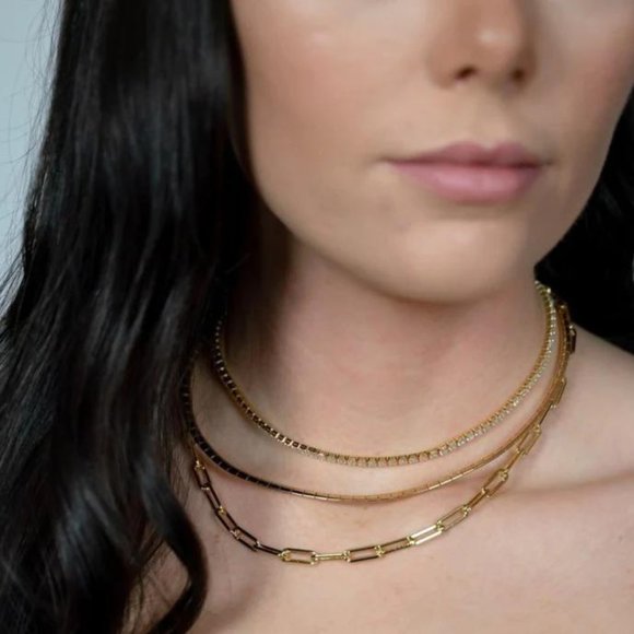 The Sis Kiss Princess Tennis Necklace in Gold & Clear Rhinestones - Picture 1 of 5